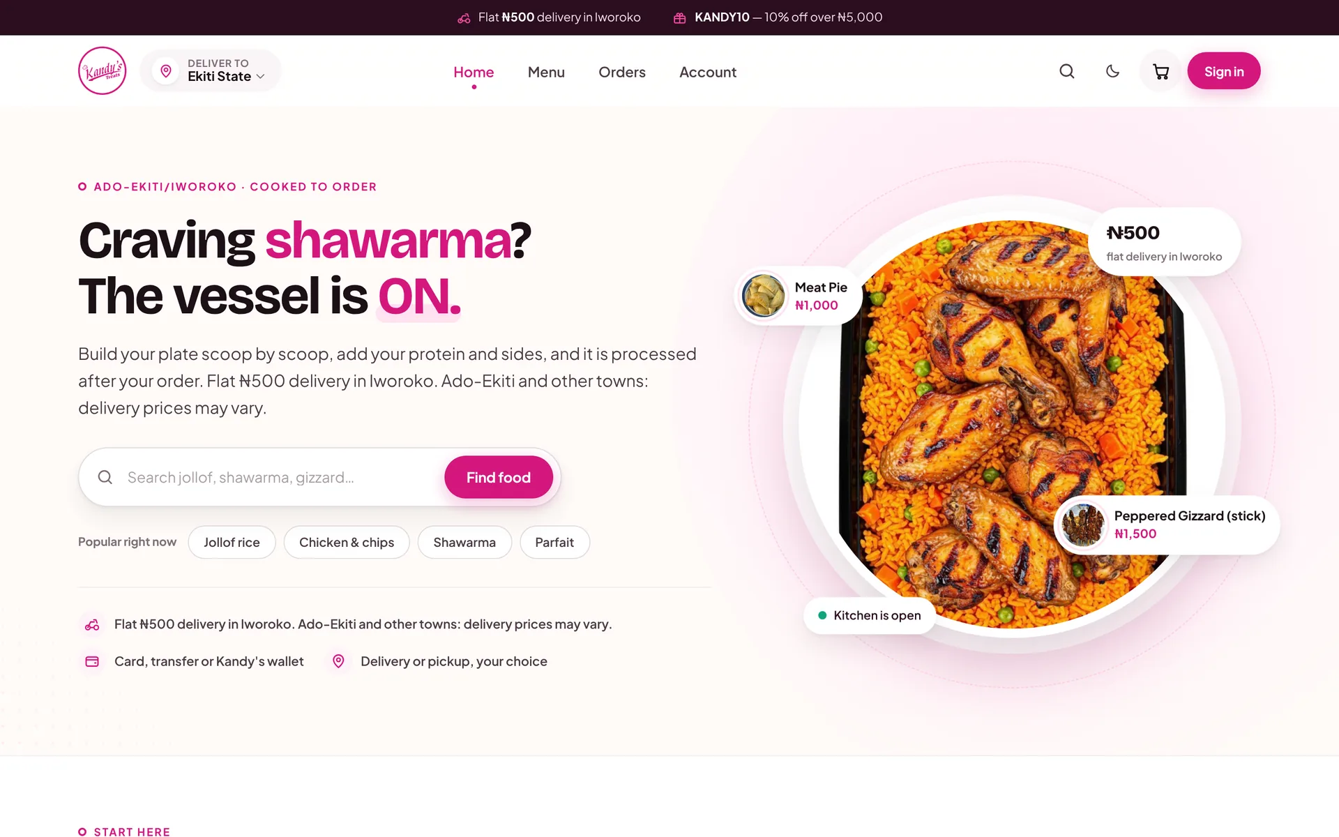 Kandy's Treats home page with a plate of jollof rice and chicken, a food search box and delivery information.