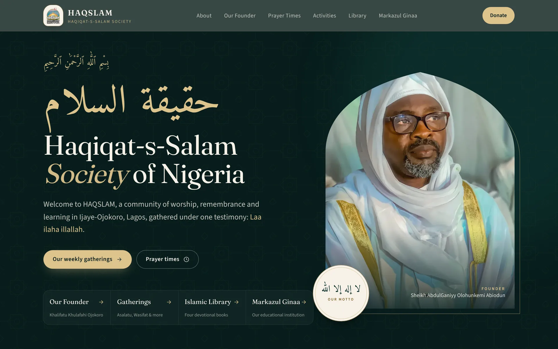 HAQSLAM home page with the society's name in Arabic and English and a portrait of the founder.
