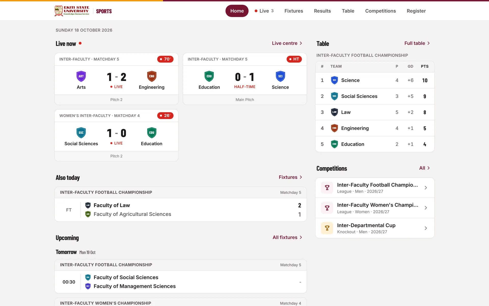 EKSU Sports Hub home page with live matches, today's fixtures and a league table preview.