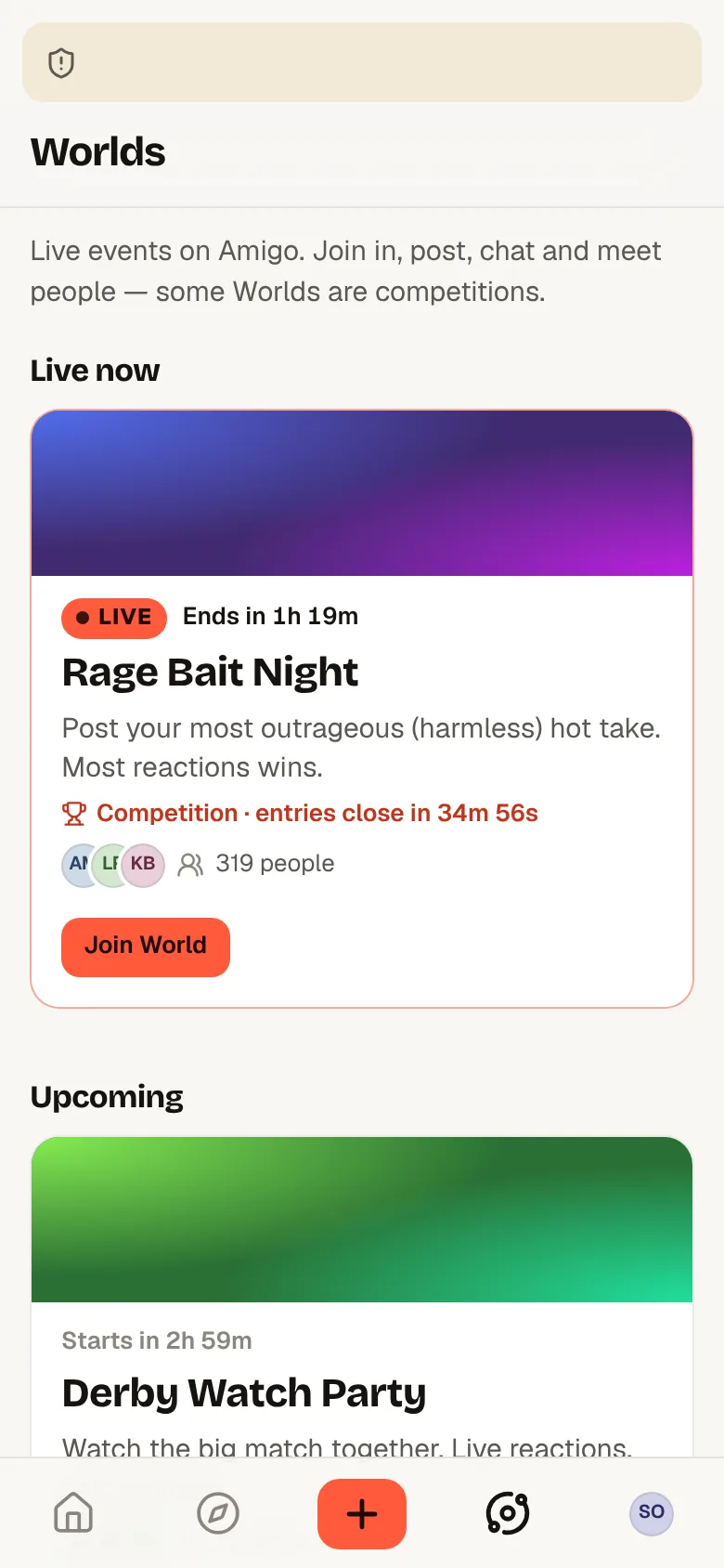 Worlds on a phone with a bottom navigation bar.