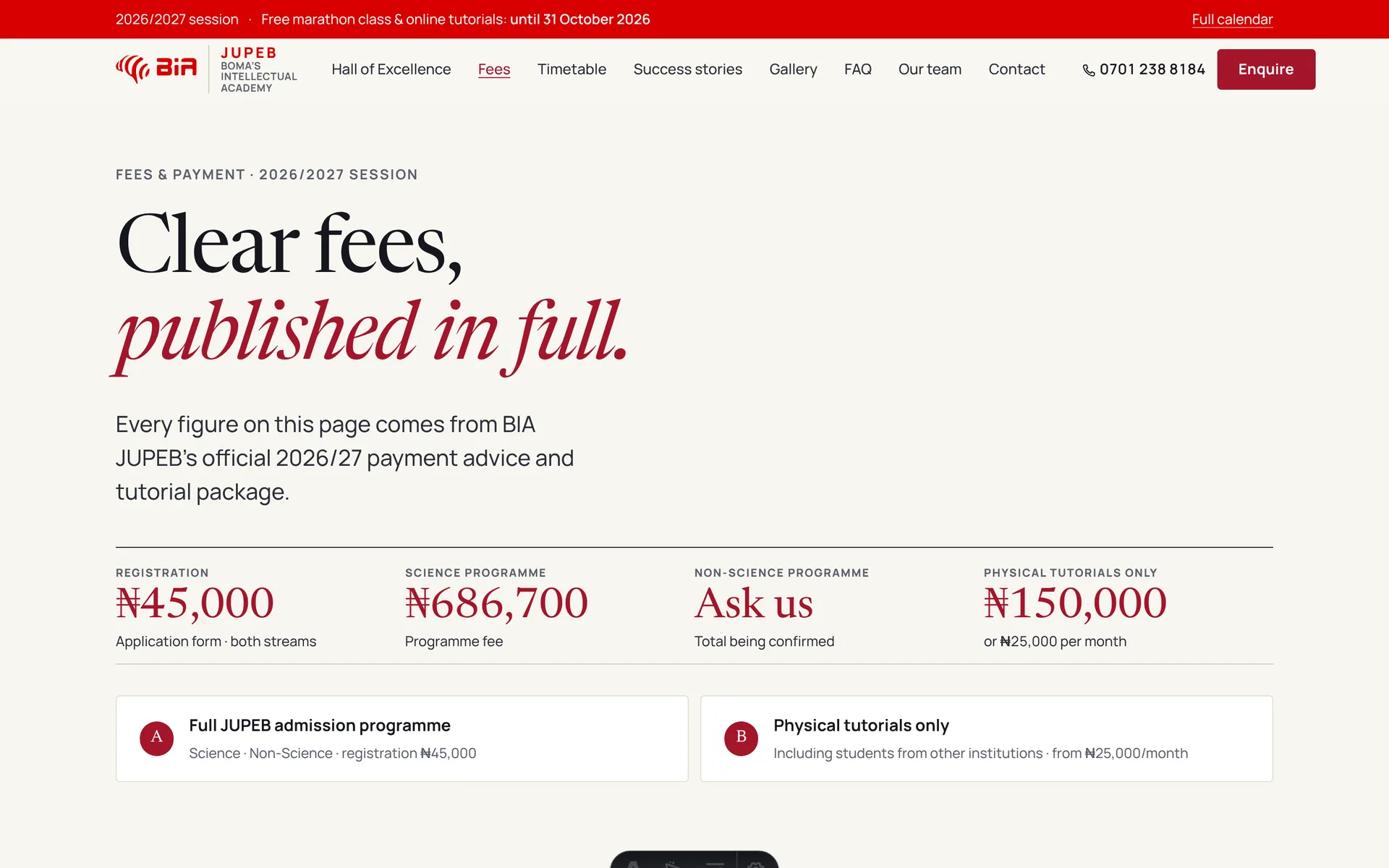 Fees page listing registration, science and non-science programme fees and physical tutorial fees.