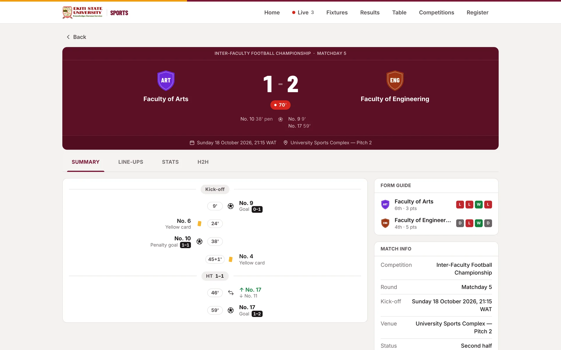 Match centre for an inter-faculty football match with score, timeline of goals and cards, and match information.