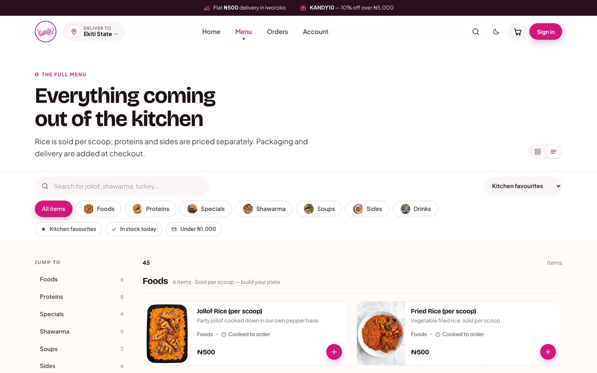 The full menu with category filters and dish cards showing prices per scoop.