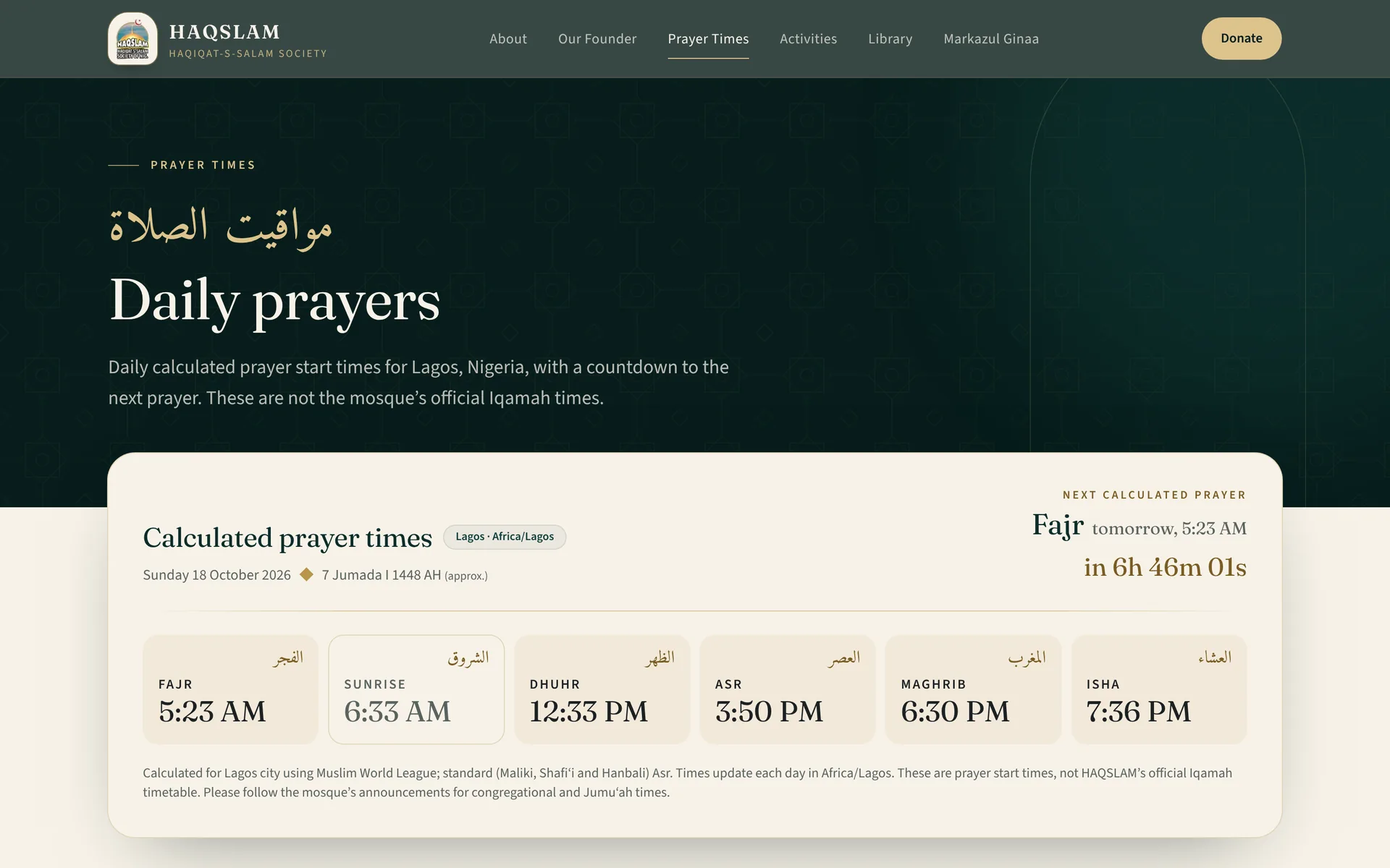 Prayer times page showing calculated prayer start times for Lagos and a countdown to the next prayer.
