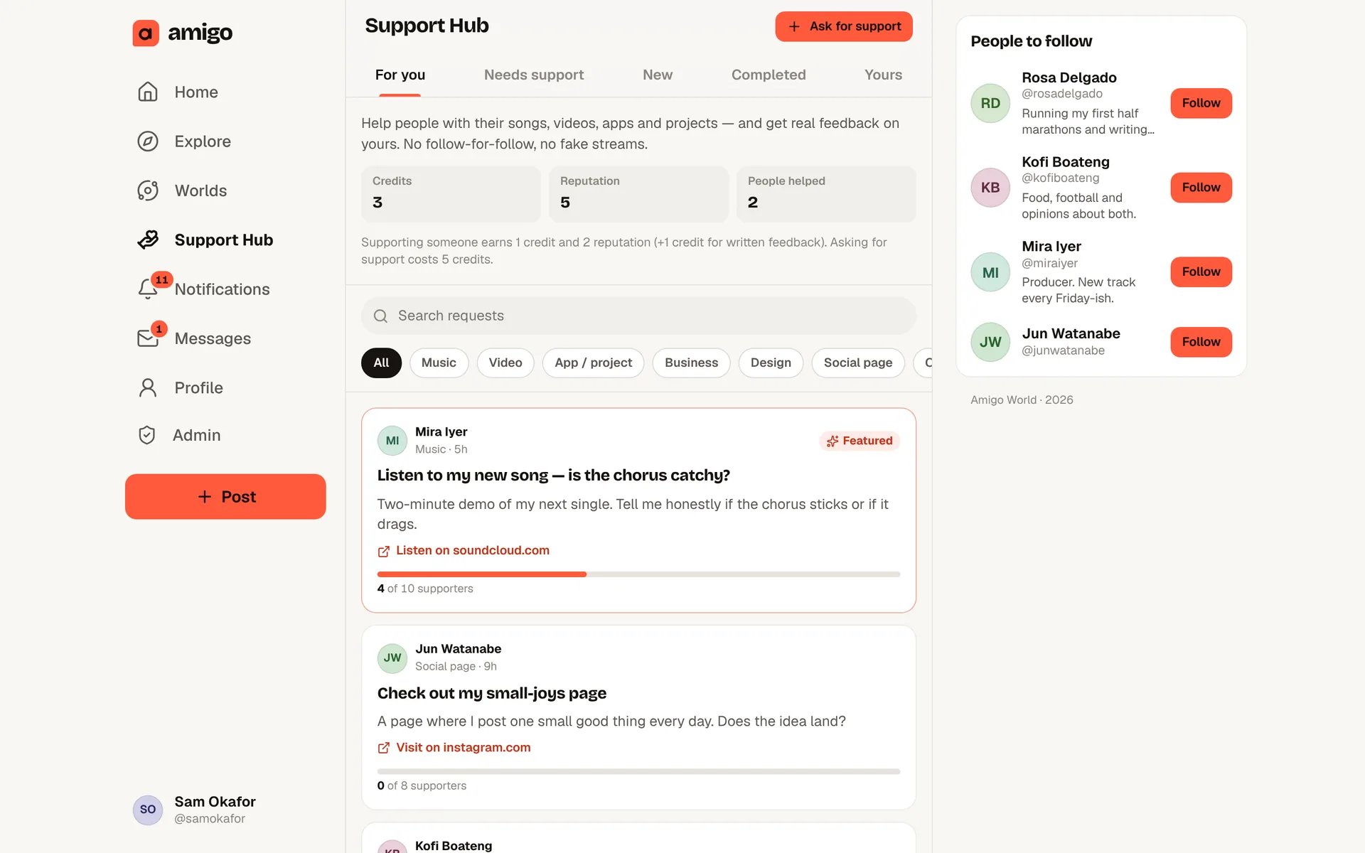 The Support Hub with requests for feedback on songs and projects, credits and reputation counters.
